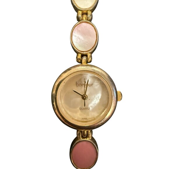 Bonjour Wristwatch Round White Face Gold Toned Colorful Pastel Bracelet Band - Picture 2 of 5